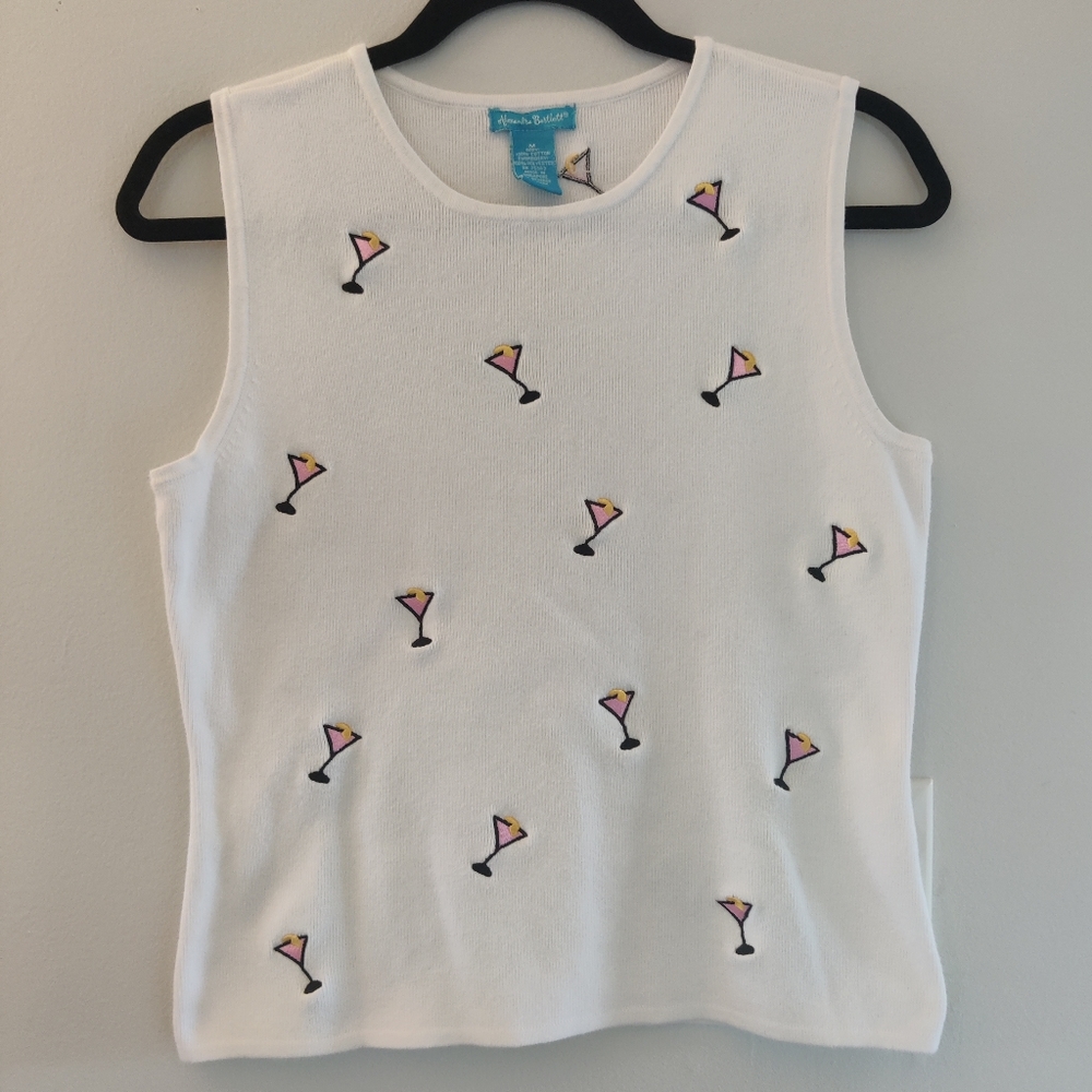 Alexandra Bartlett White Tank Top with Martini Cocktail Pattern Size M